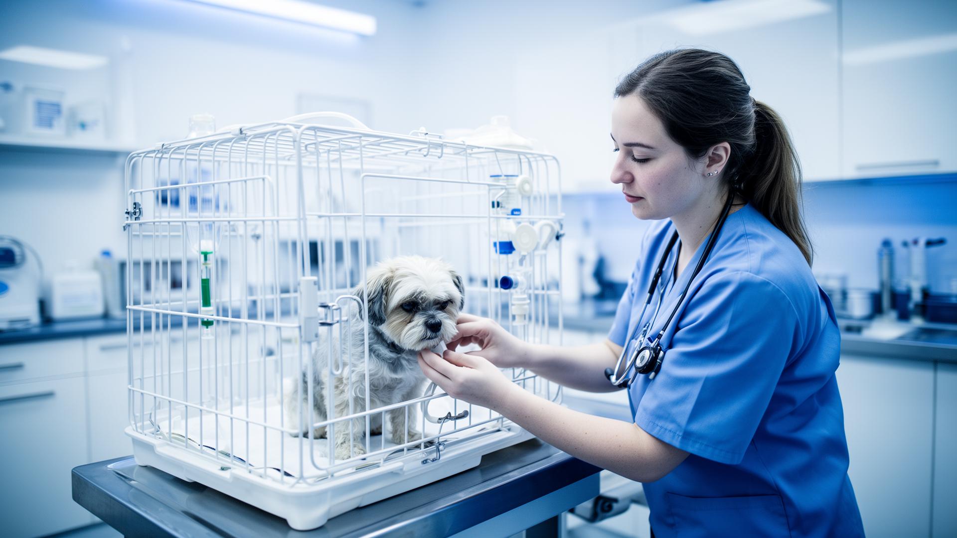 Veterinary professional caring for a dog