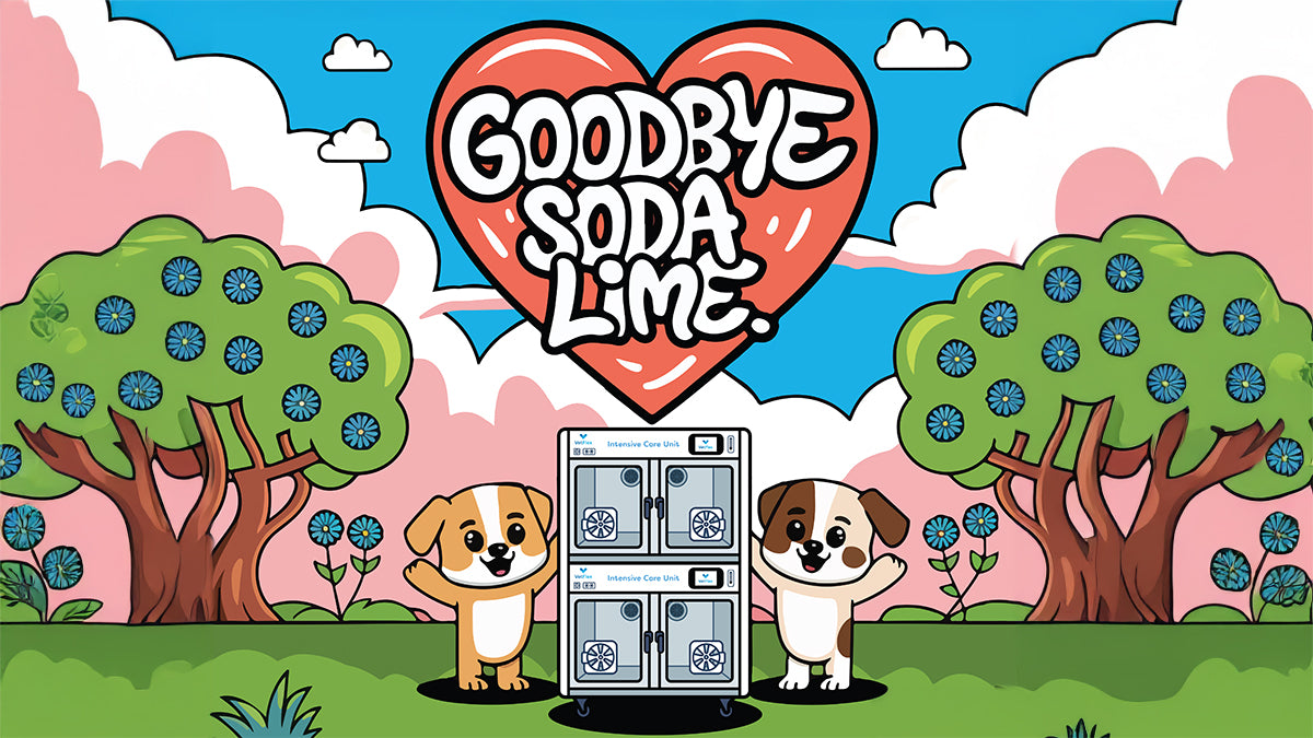 Cartoon puppies with a VetFlex ICU under a heart balloon reading ‘Goodbye Soda Lime’ in a colorful scenic background.